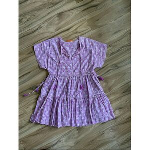 Oliphant Womens Purple Split V-Neck Star Print Tiered Ruffle Mini Dress Small